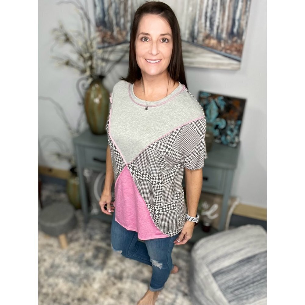 Houndstooth Color Block Contrast Short Sleeve Round Neck Boho Pink Gray S 3122